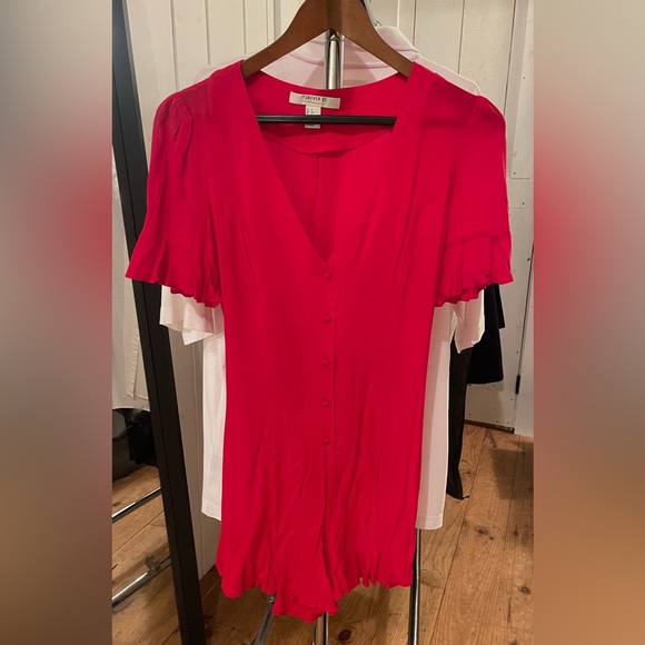 Red Ruffle Button Up Romper - Picture 2 of 4